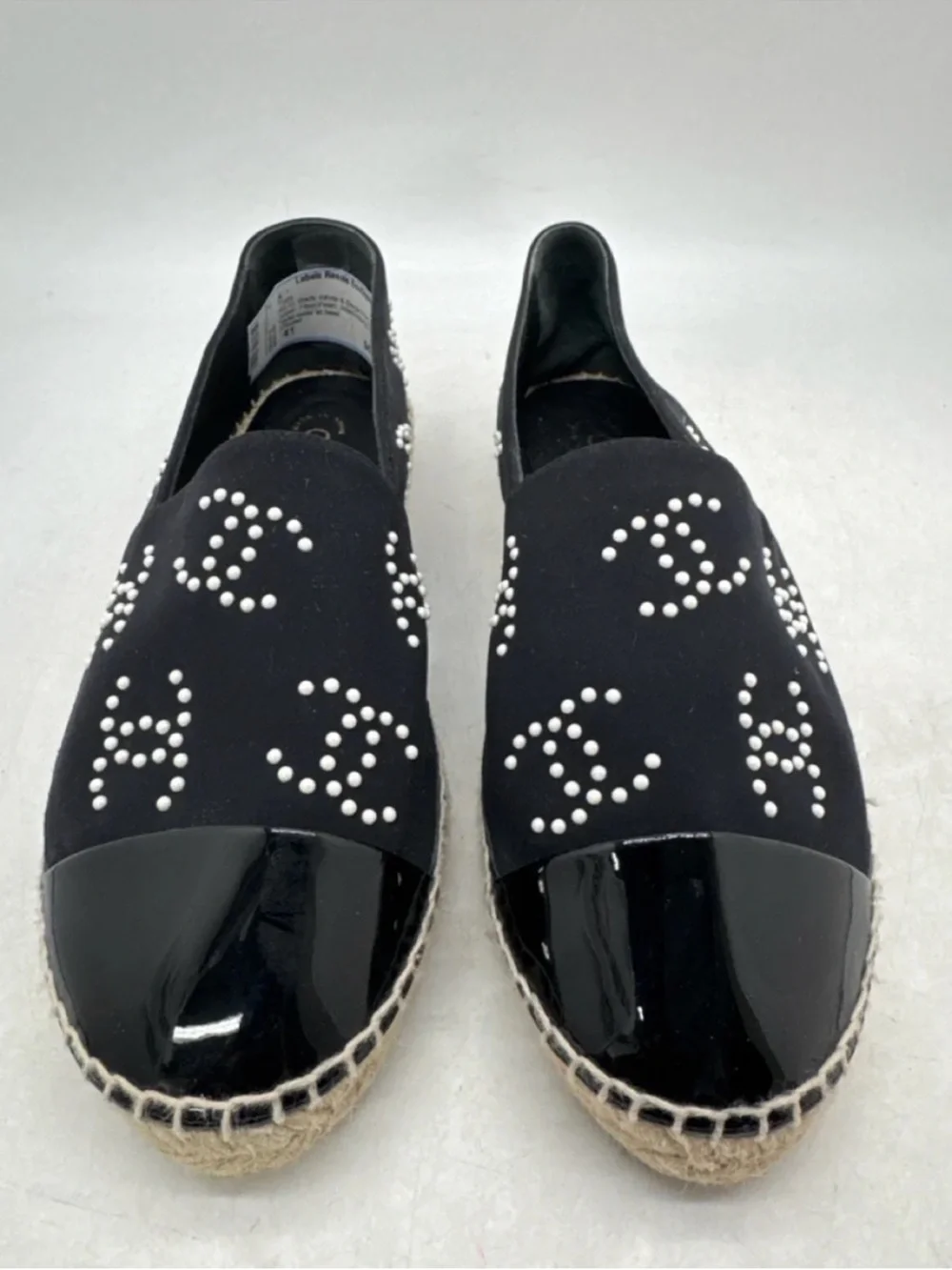CHANEL Black Pearl-Embellished Patent Cap-Toe Espadrilles